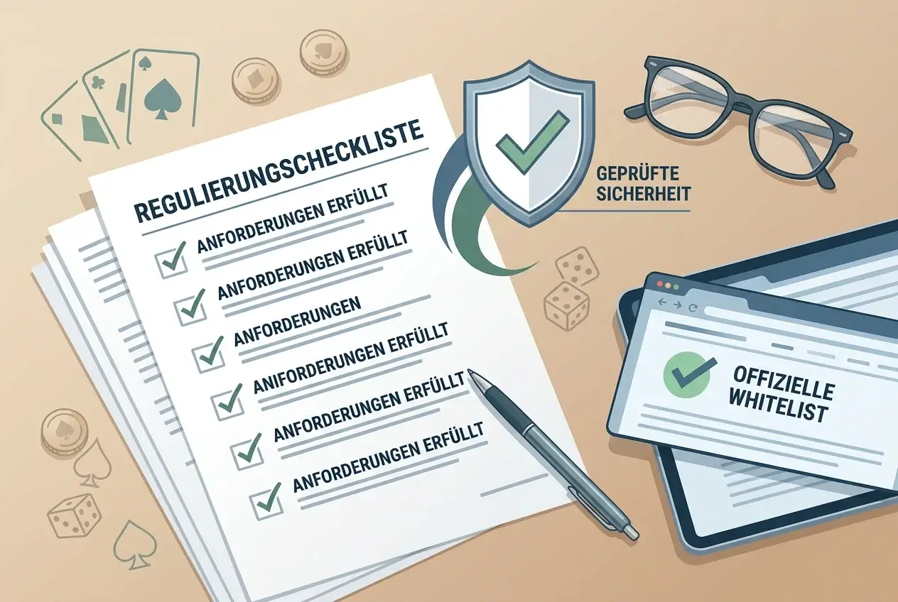 Ruhiger Schreibtisch mit Prüfliste, amtlichen Dokumenten und neutralen Glücksspiel-Symbolen
