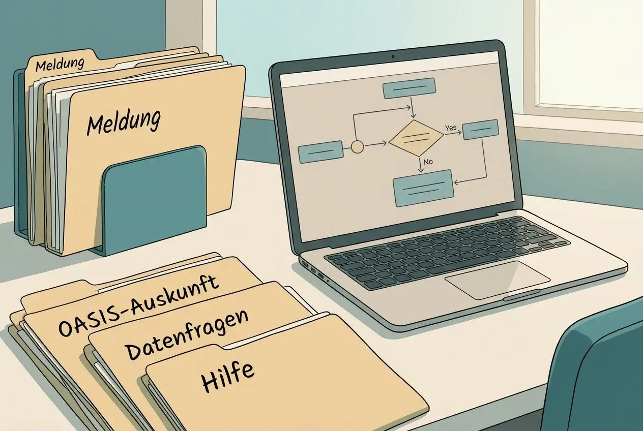 Schreibtisch mit Unterlagen zu Meldung, OASIS-Auskunft, Datenfragen und Hilfewegen